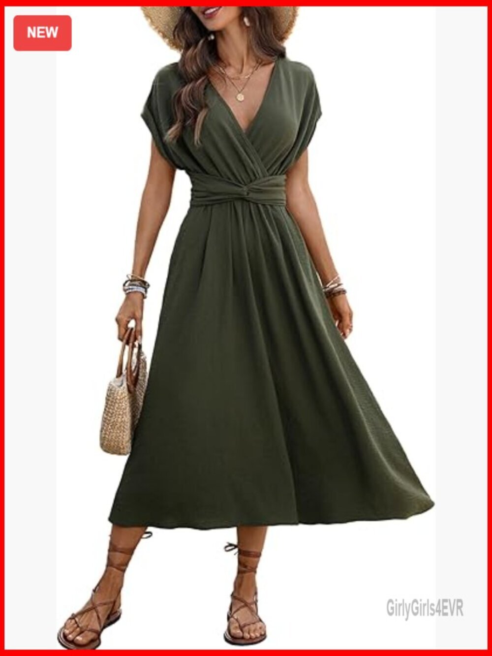 Flowy V-Neck Midi Dress, Short Sleeve, A-Line, Ruched Elastic Waist